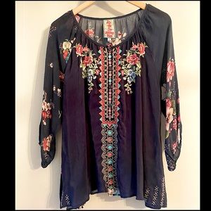 Johnny Was Printed Embroidered classic Boho top